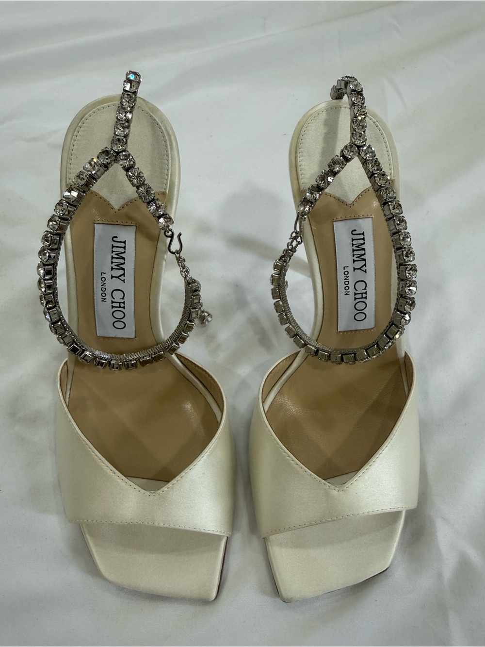 Jimmy Choo Saeda 100 Ivory Satin Crystal Ankle-Strap Sandals - Picture 3 of 10